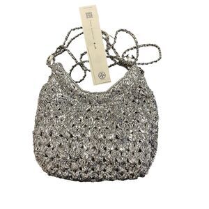 Tory Burch Fleming Metallic Woven Mini Hobo Bag Chain Crossbody SILVER New w/tag